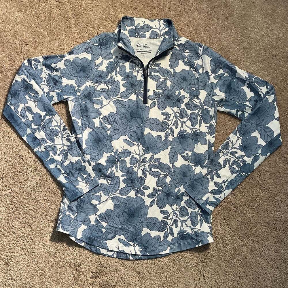 Walter Hagen Performance Quarter Zip Pullover, Blue Floral Print, Size Small